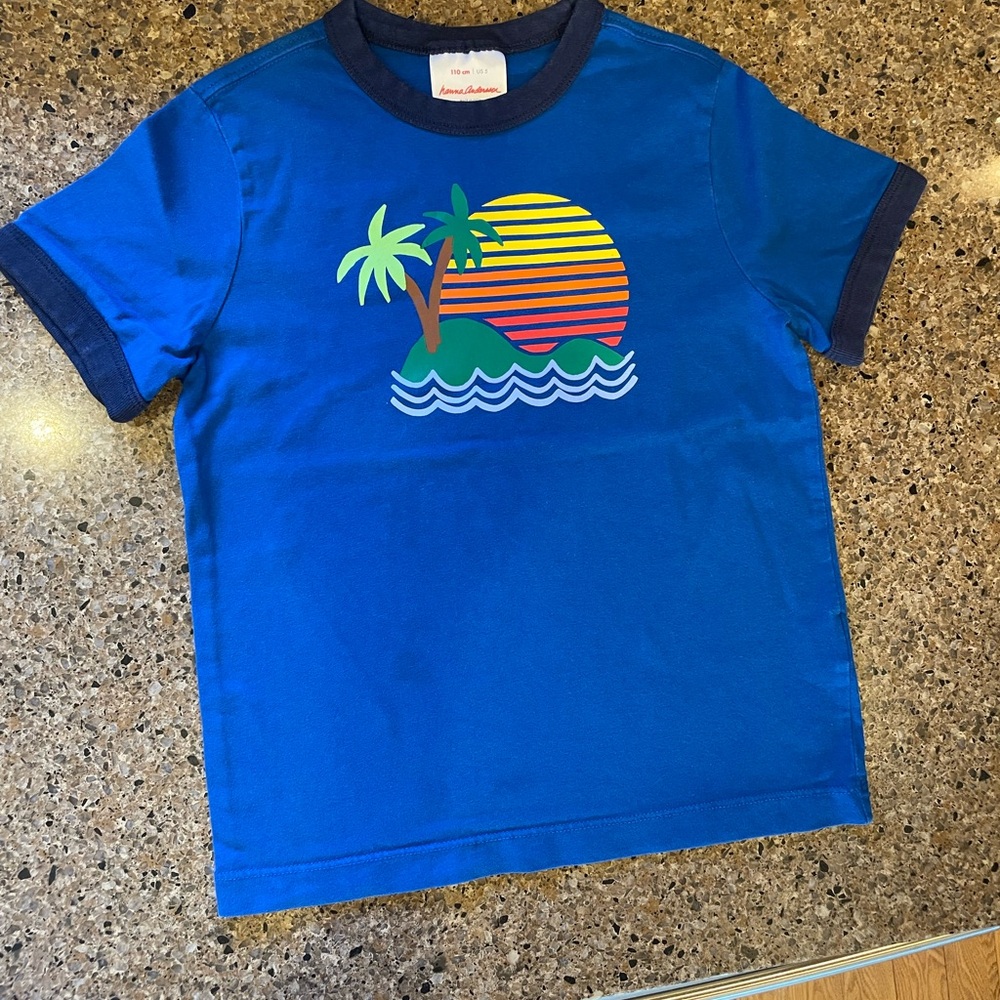 Hanna Andersson Blue Shirt with Tropical Sunset Design